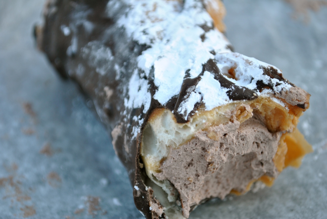 A bite of chocolate mousse cannoli from Mike's Pastry.